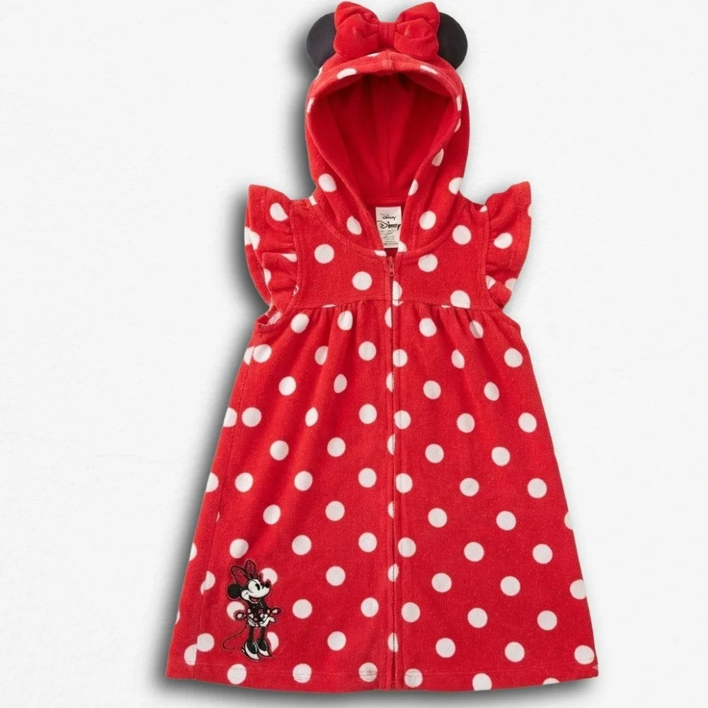 Disney Minnie Mouse Girls Red Polka Dot Hooded Swim Cover Up Robe Size 5/6
